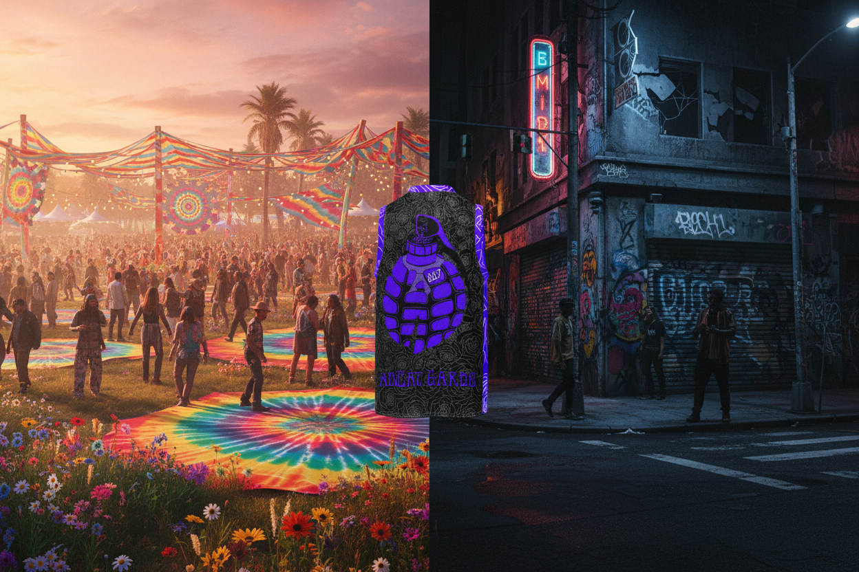 Hippie and Hood Jersey split between psychedelic festival and gritty urban street