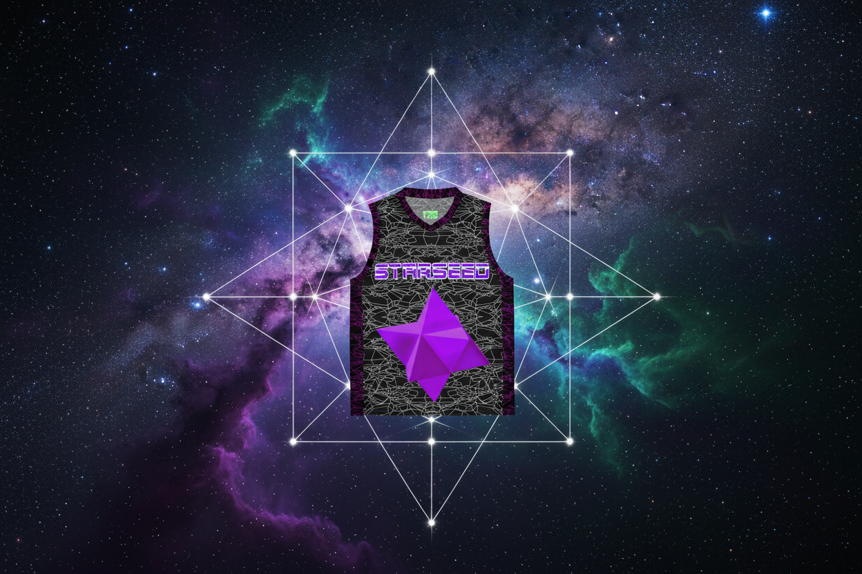 StarSeed Basketball Jersey floating in deep space nebula with constellation imagery
