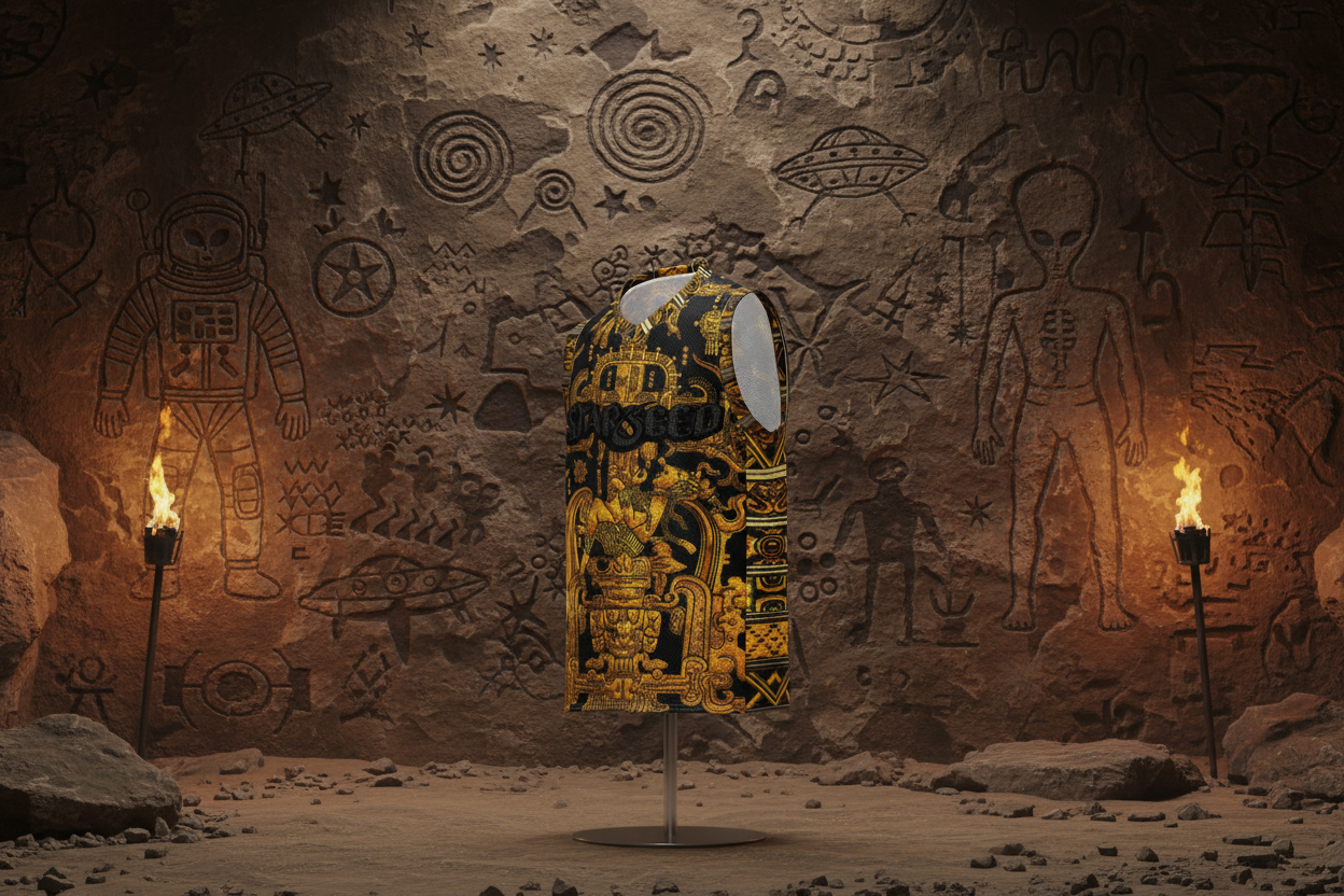 Astronaut Basketball Jersey in front of Ancient Alien Cave Art