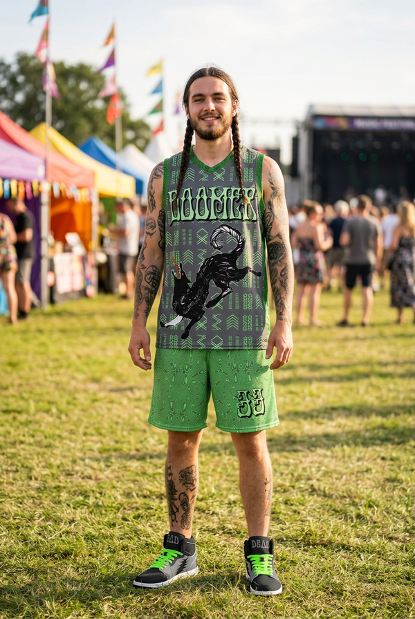 Young adult with braids and tattoos wearing the Billy-Ometry I outfit at a daytime music festival