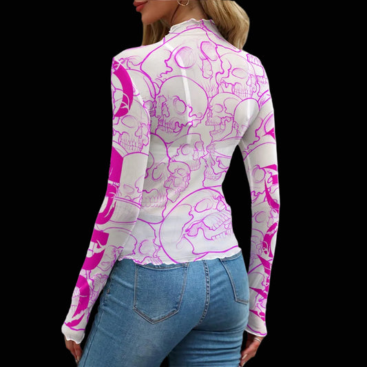Pink Skulls Mesh Long Sleeve Tee