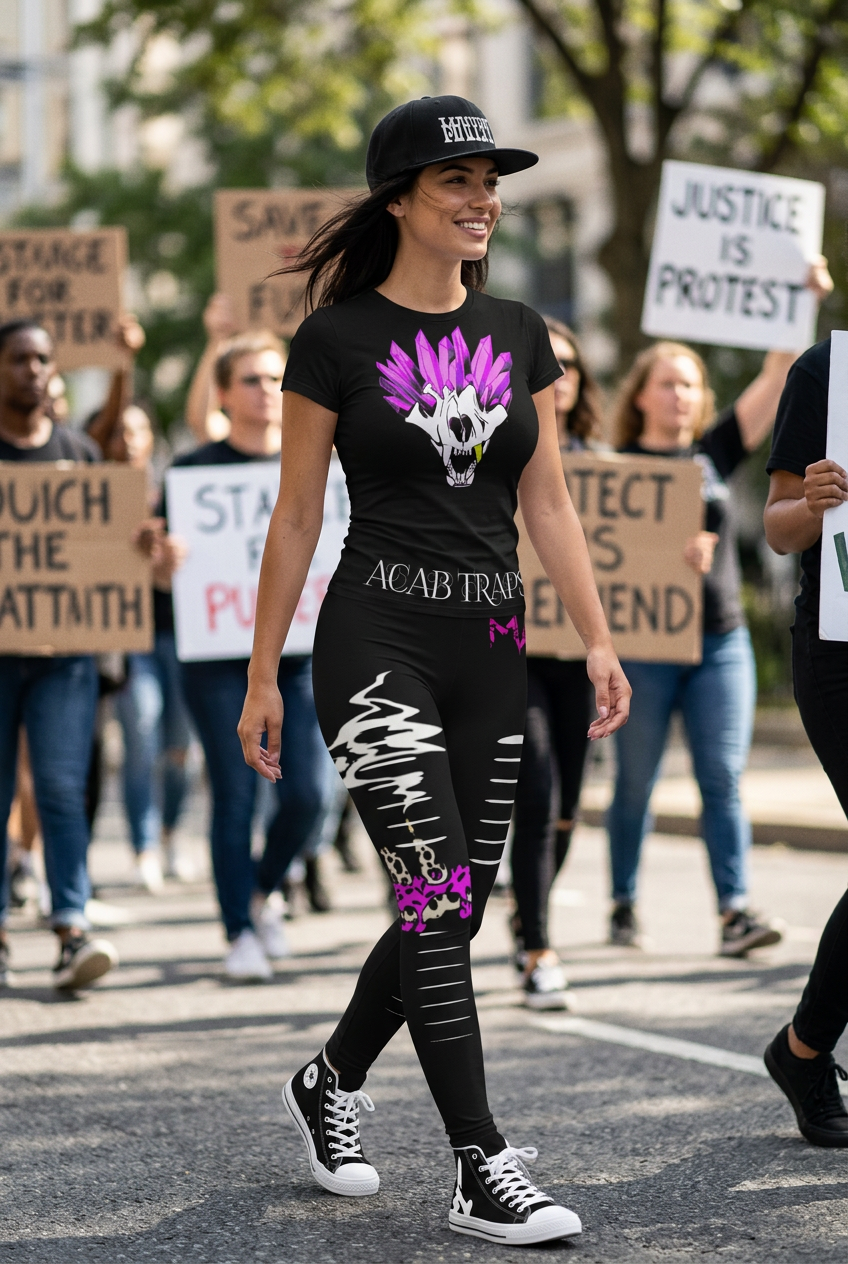 Complete ACAB tee outfit with MadCat flat brim, ripped leggings and Do Dah high tops