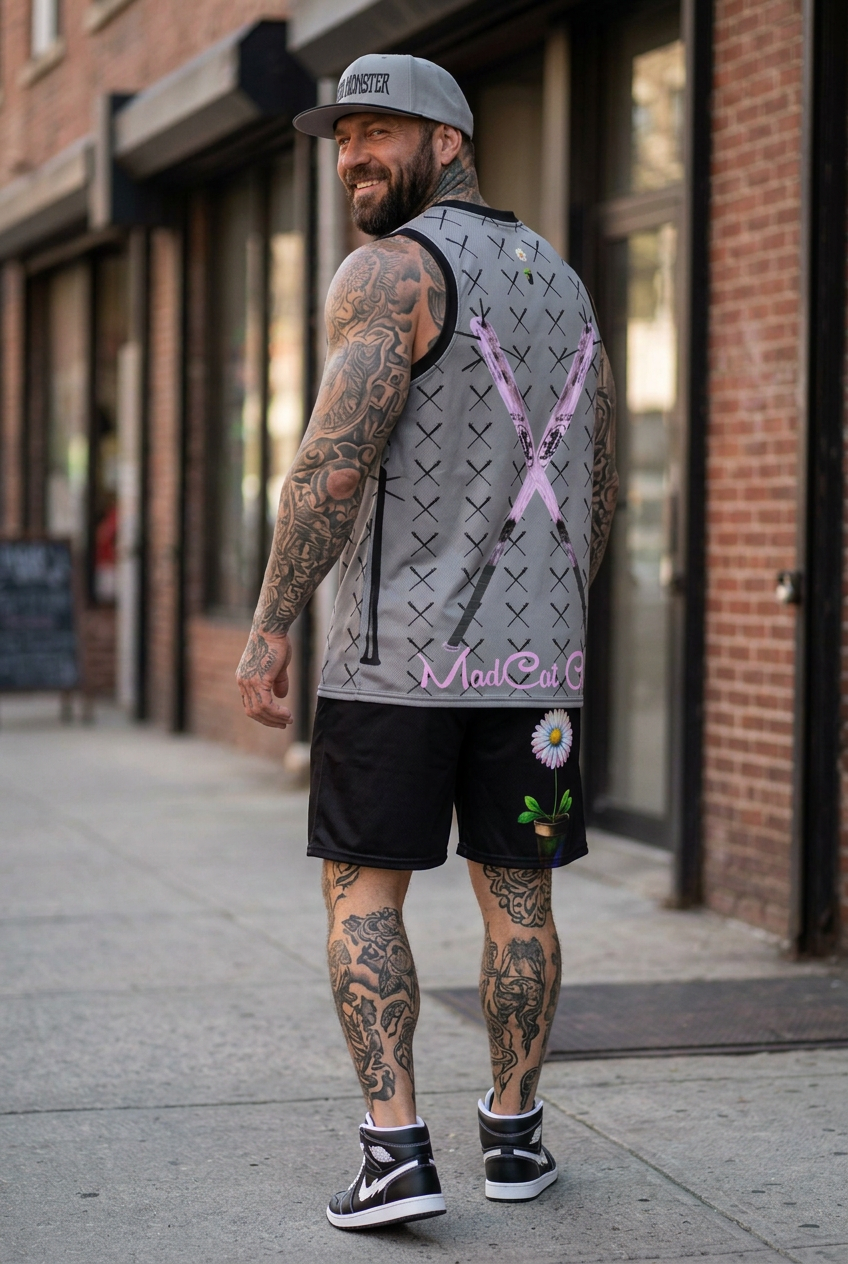 Corrected back view, crossed-bat jersey and daisy shorts