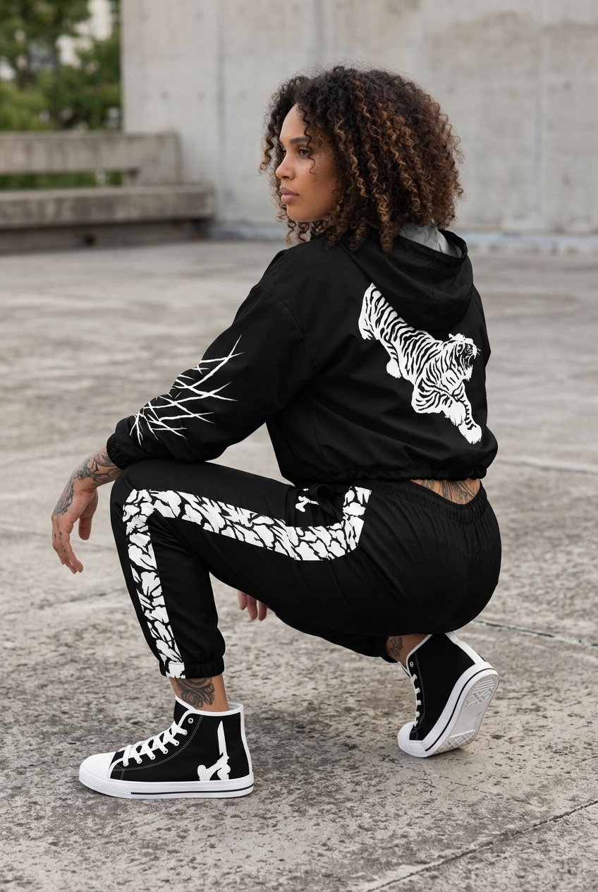Cropped windbreaker hood-up crouching