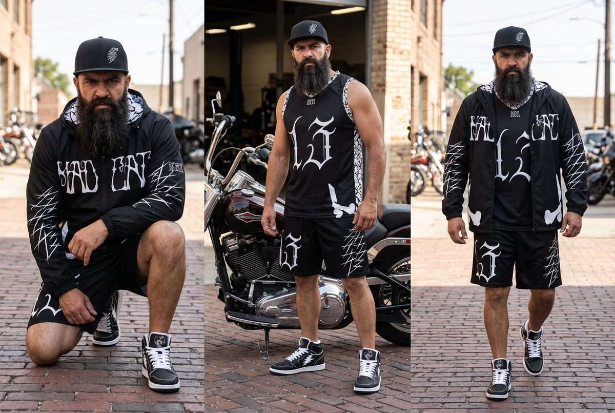 Do Dah shorts outfits with a rugged, big-bearded Hispanic biker model