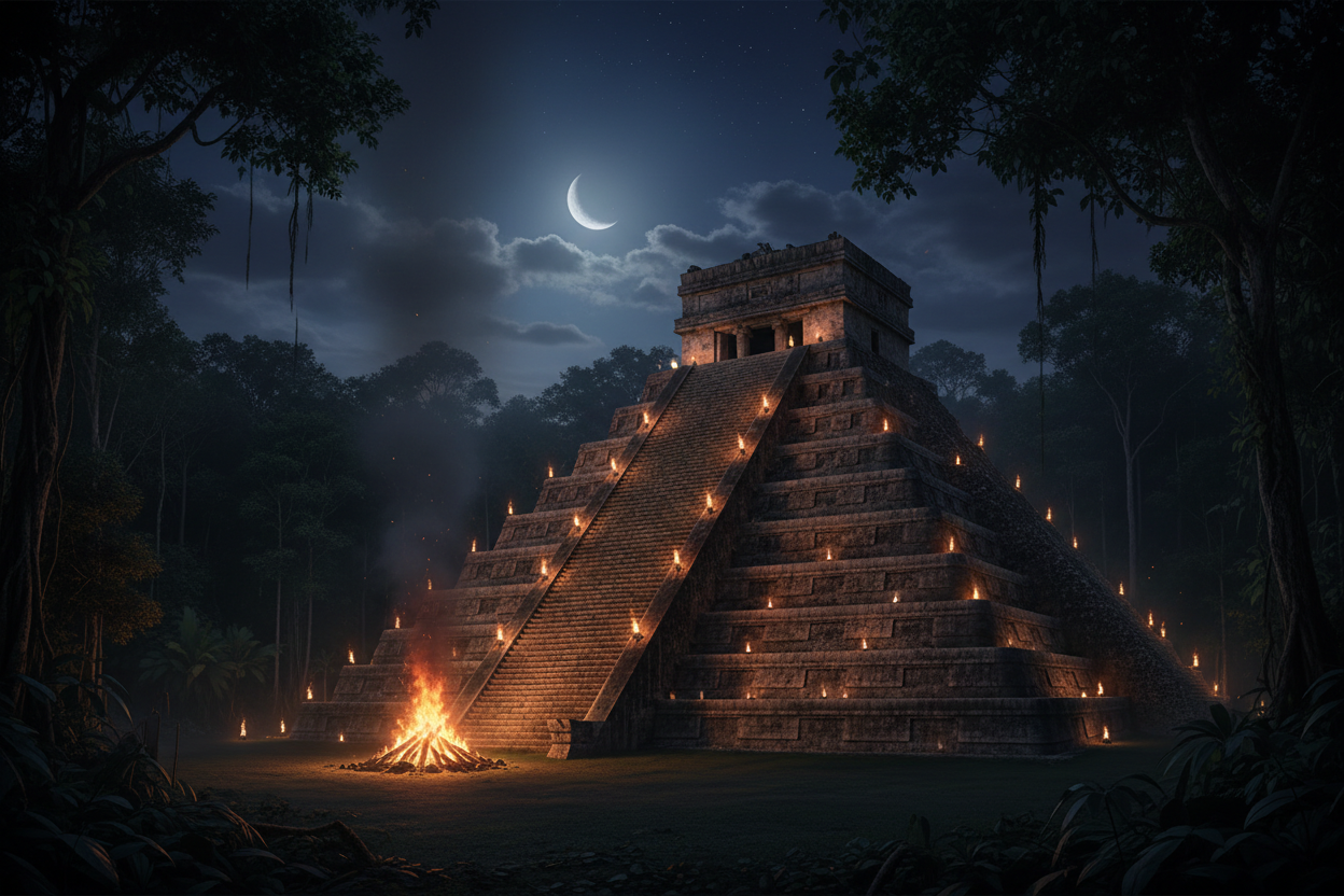 Ancient Mayan pyramid at night