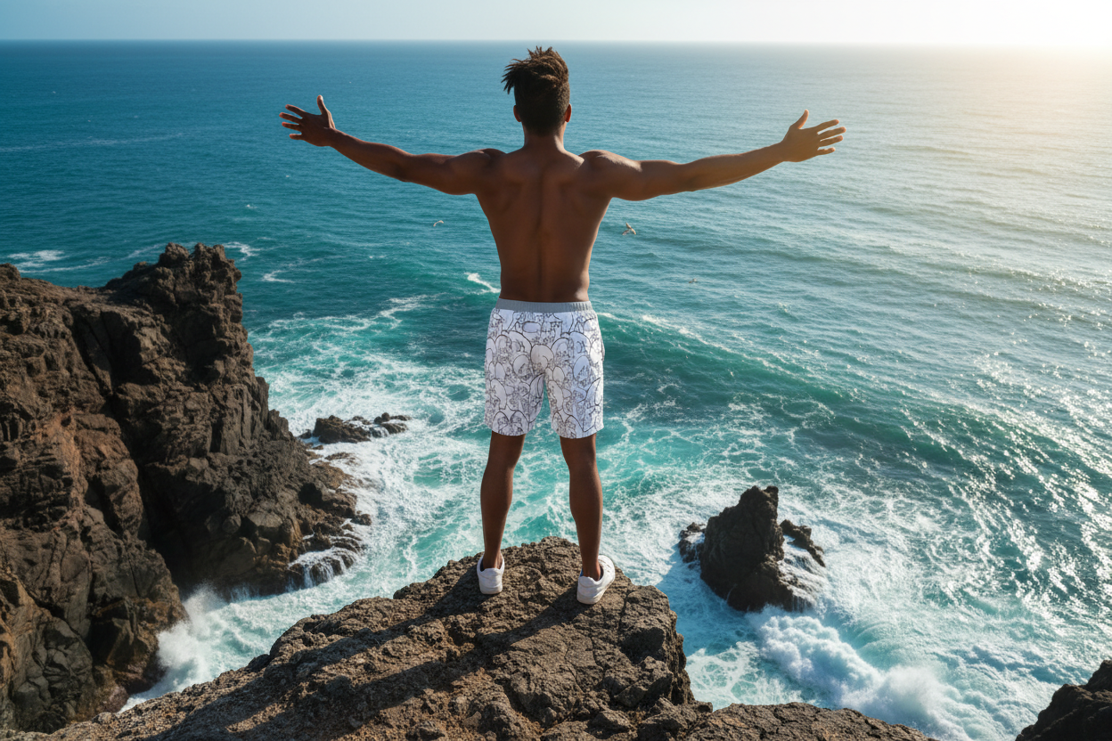 Man wearing MadCat Swim Trunks about to cliff jump into turquoise ocean