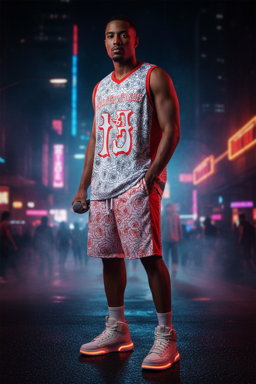 Roses Are Red match set - basketball jersey and long shorts on model