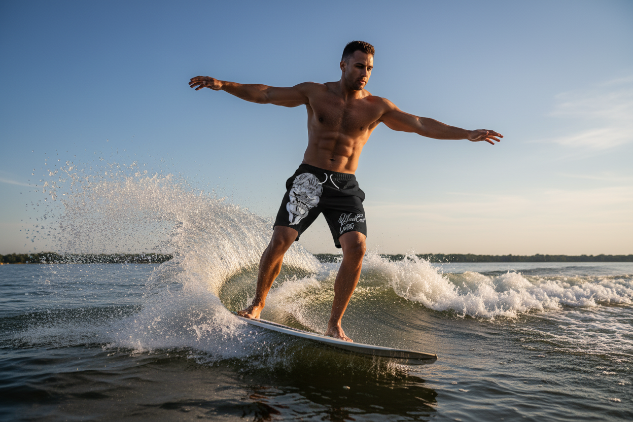 Man wearing Shibari Trunks wake surfing behind a boat on a lake