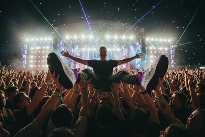 Guy crowd surfing at festival with Throwback High Tops clearly visible