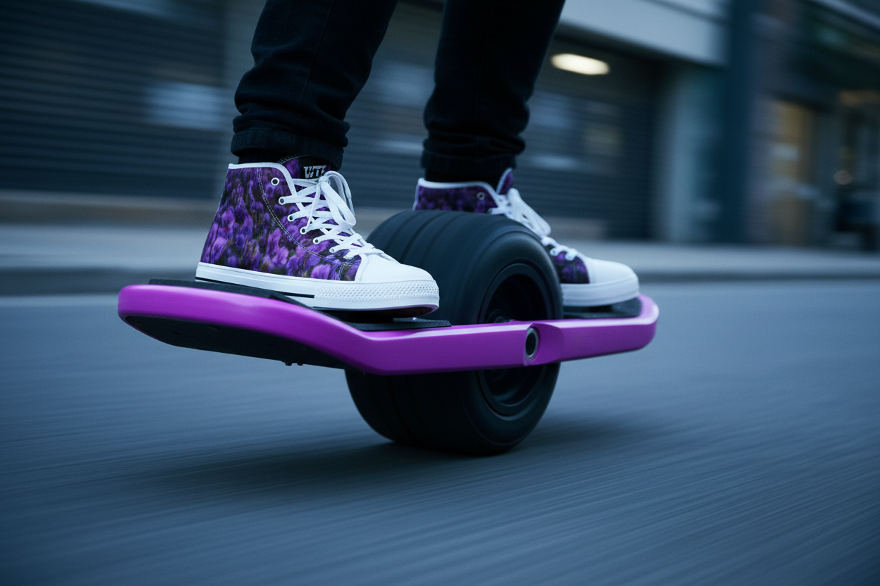 Mens Viola Canvas High Tops on Onewheel GT with purple WTF rails