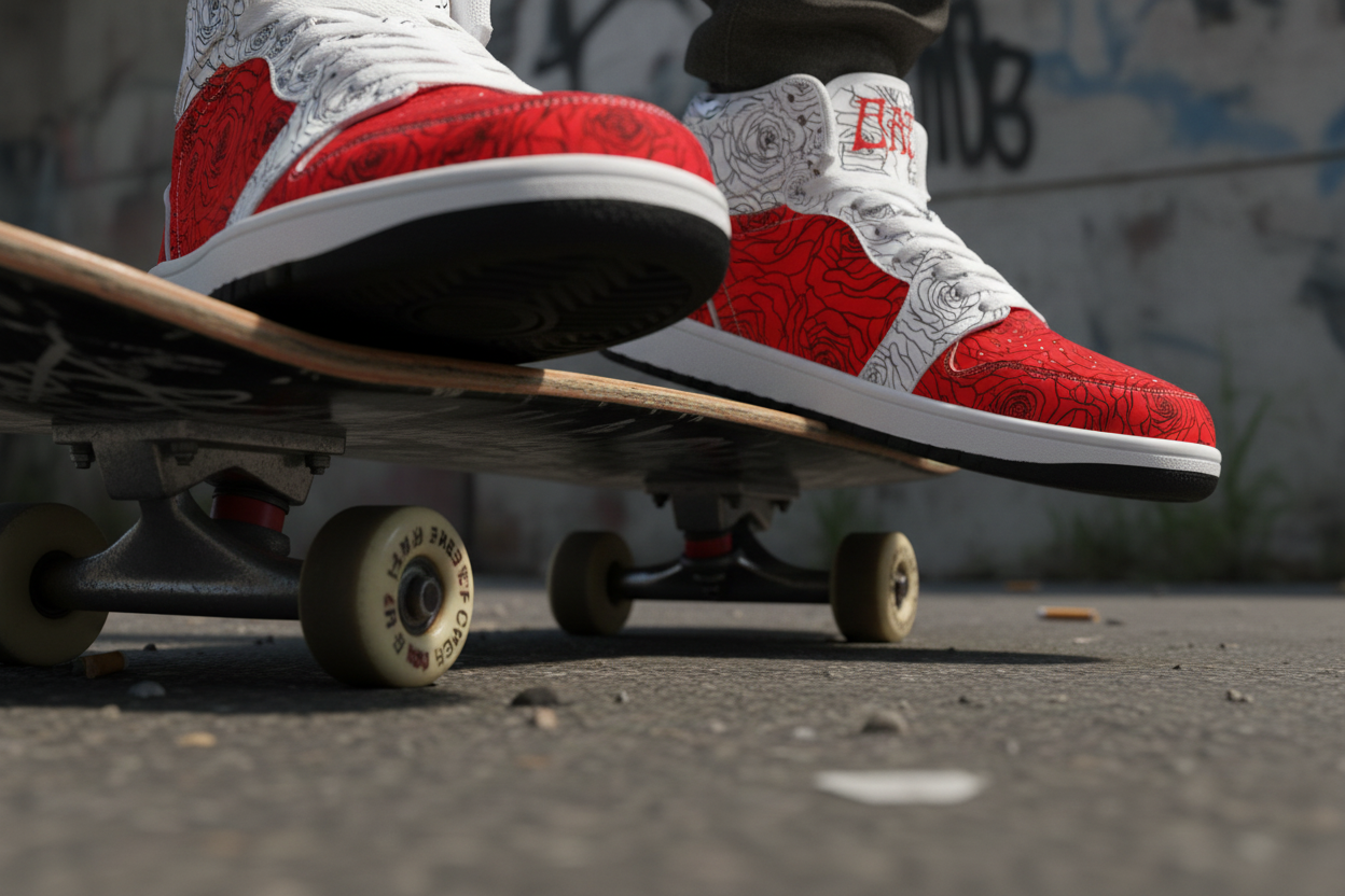Mens Roses Are Red Throwback High Tops close up on skateboard