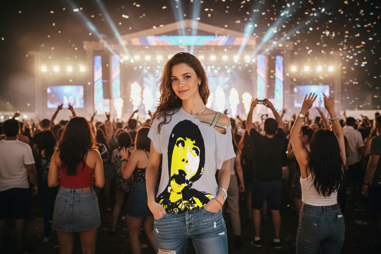 Woman wearing Shibari Shoulder T standing out in festival crowd