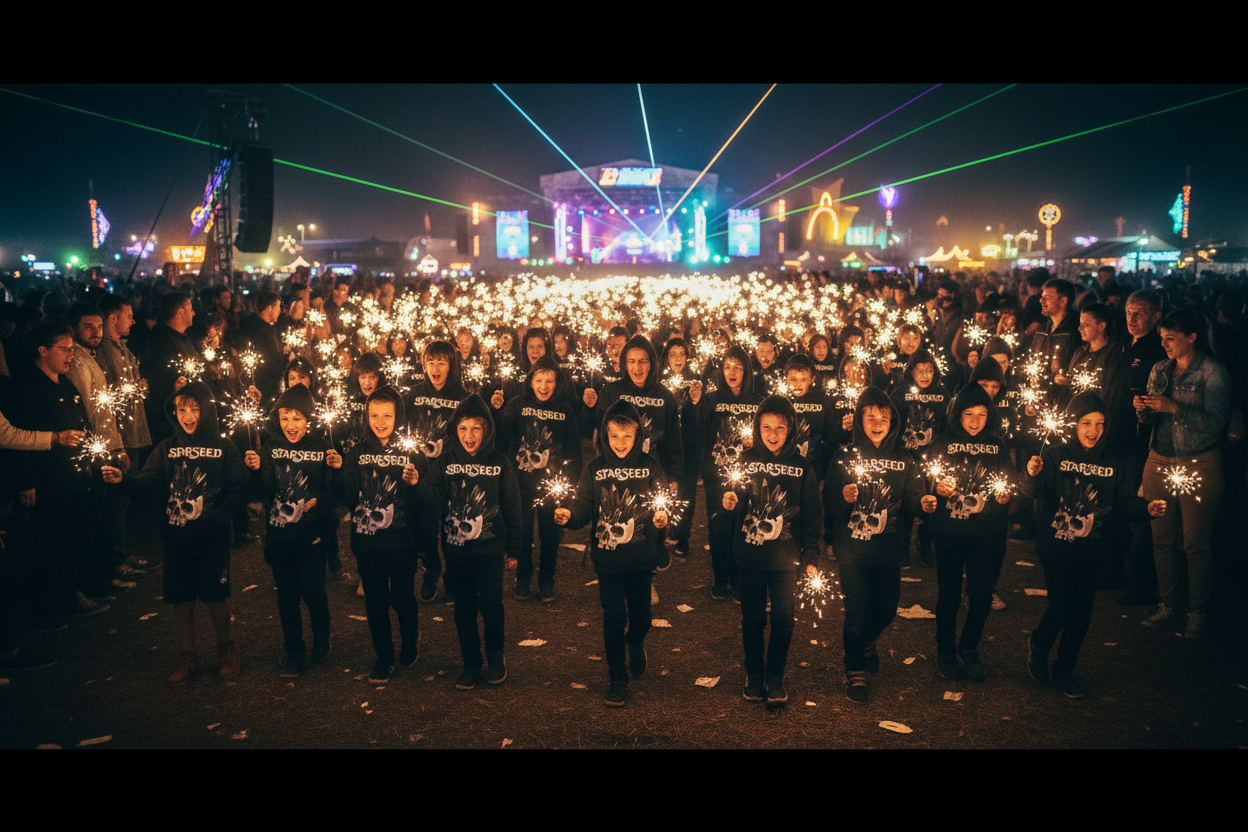 Massive army of kids wearing MadCat Garbs Star-seed Hoody at festival with sparklers