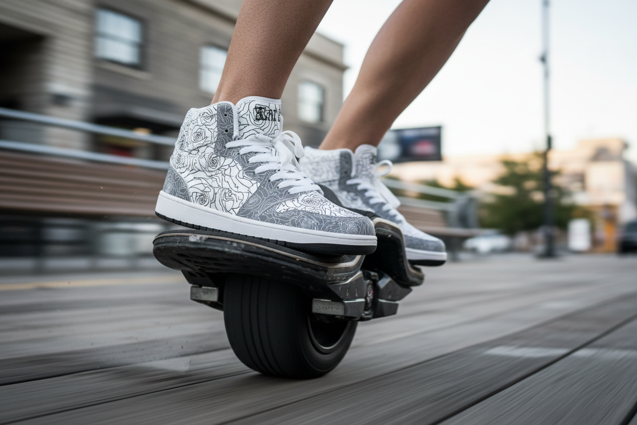 Mens Roses Are White Throwback High Tops close up on electric board