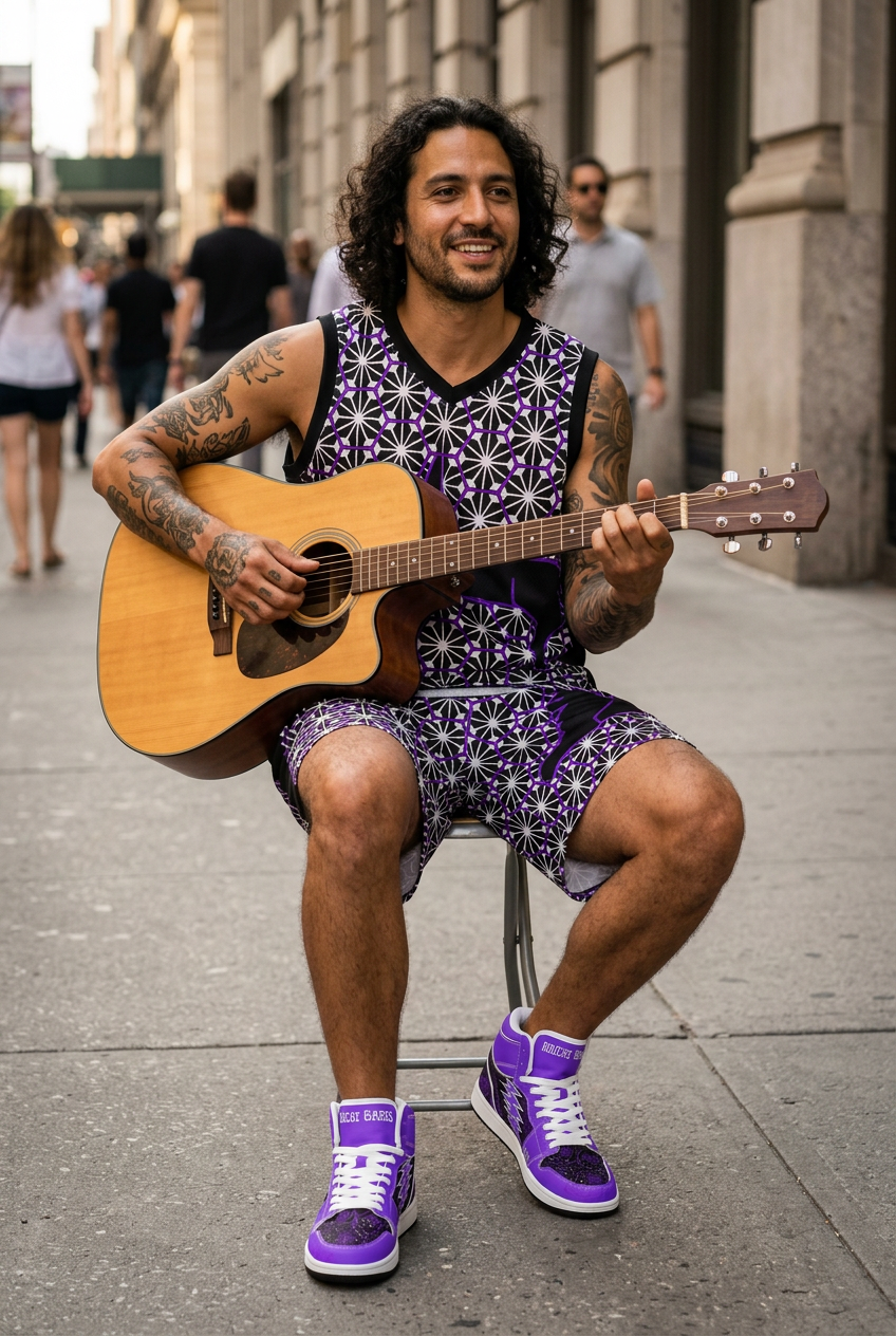 New street guitarist photo using the actual Purple Stars product references