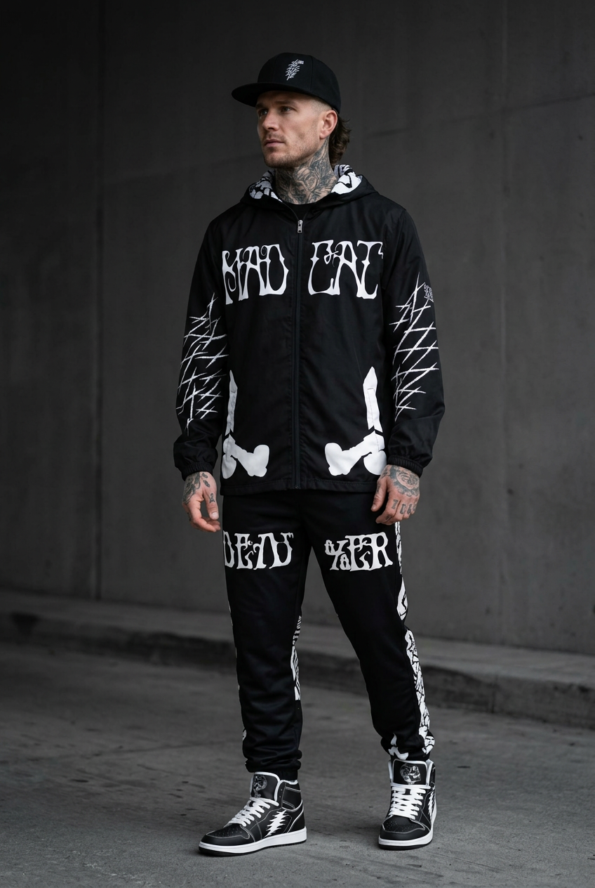 Tattooed male model in MadCat track pants, windbreaker, black bolt high tops and Dead%er hat